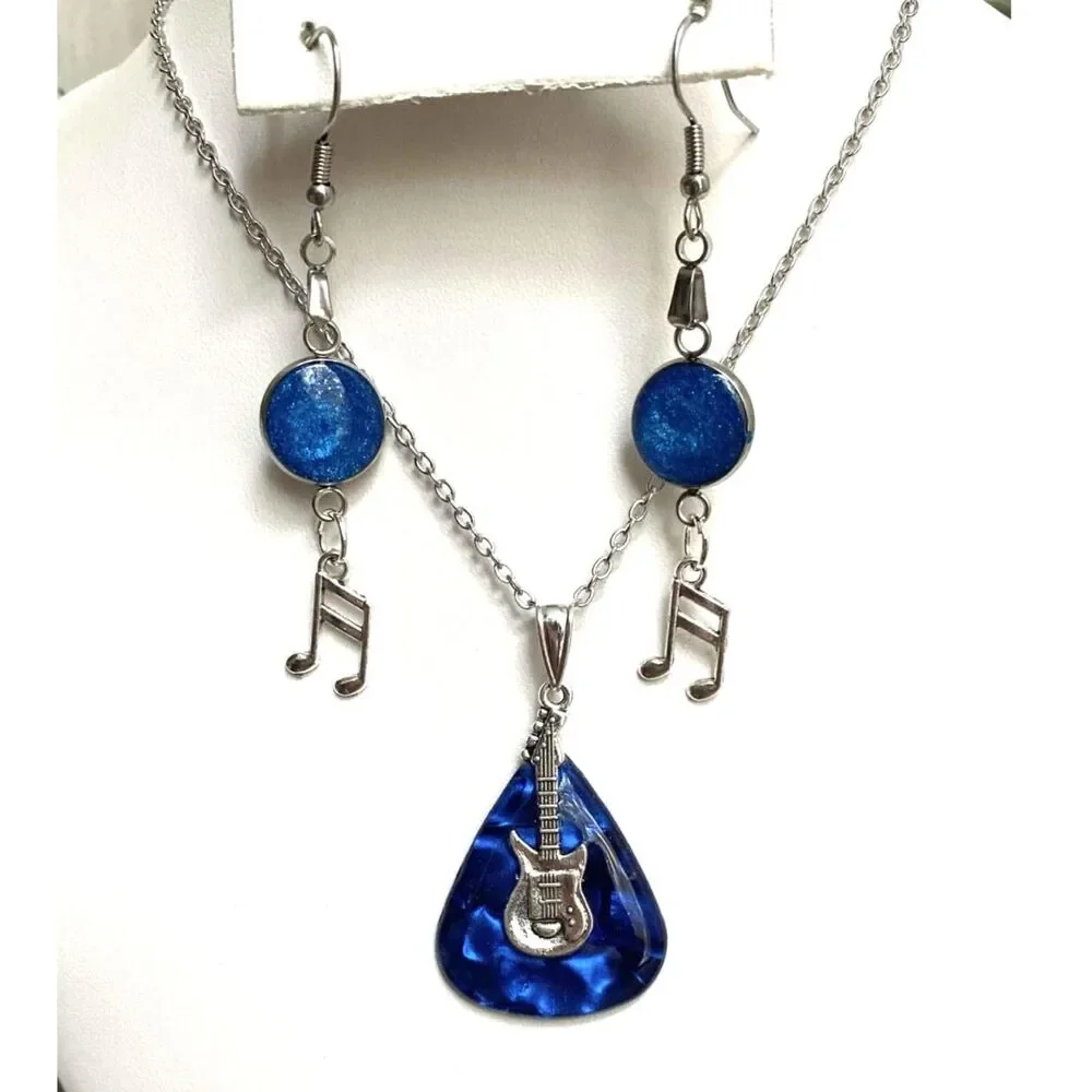 Handmade Resin Music Lover Jewelry Set - Blue Guitar Pick Pendant and Earrings